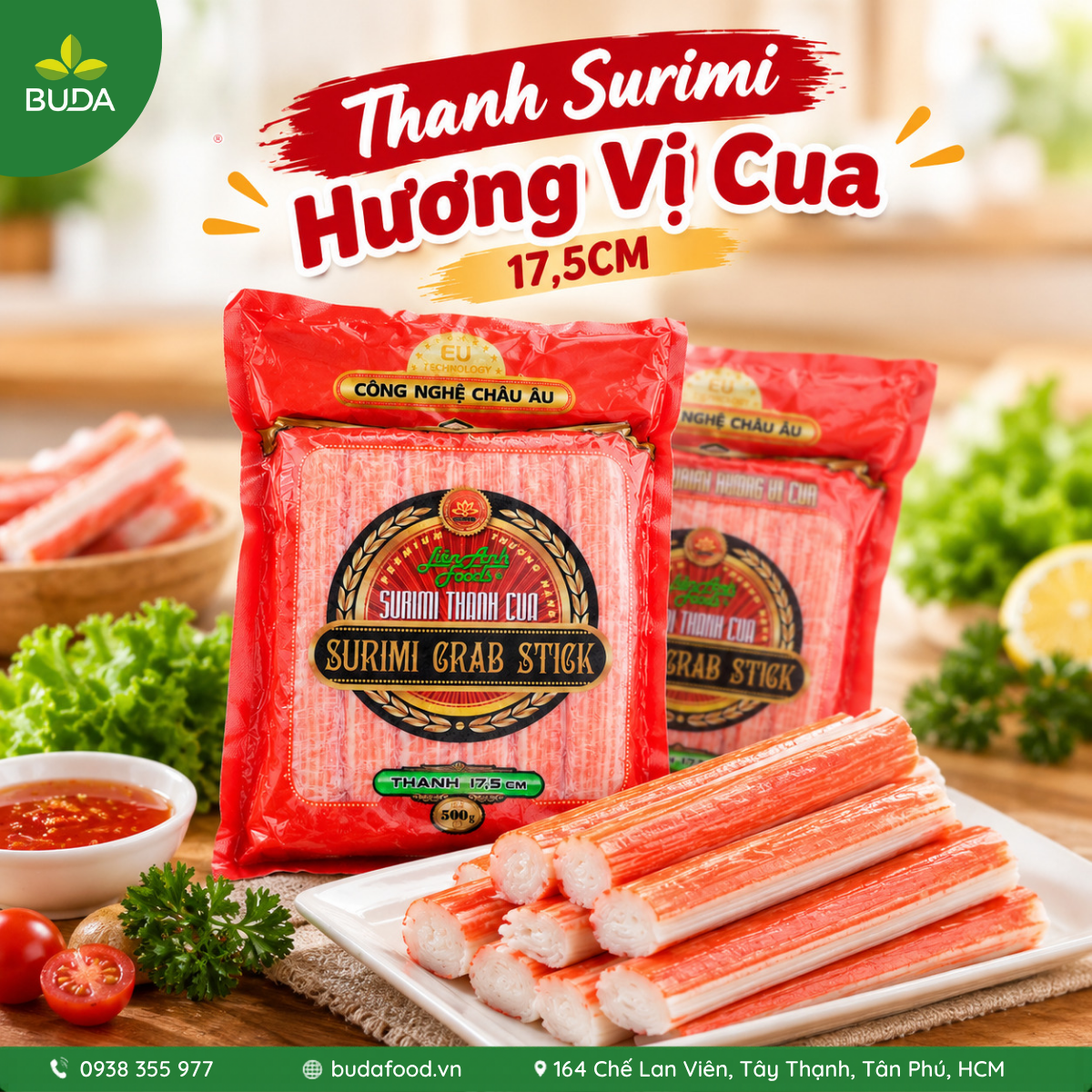 Thanh Surimi Hương Vị Cua 1Kg (2 gói) Liên Anh Foods - 17,5cm, 14 thanh surimi cua