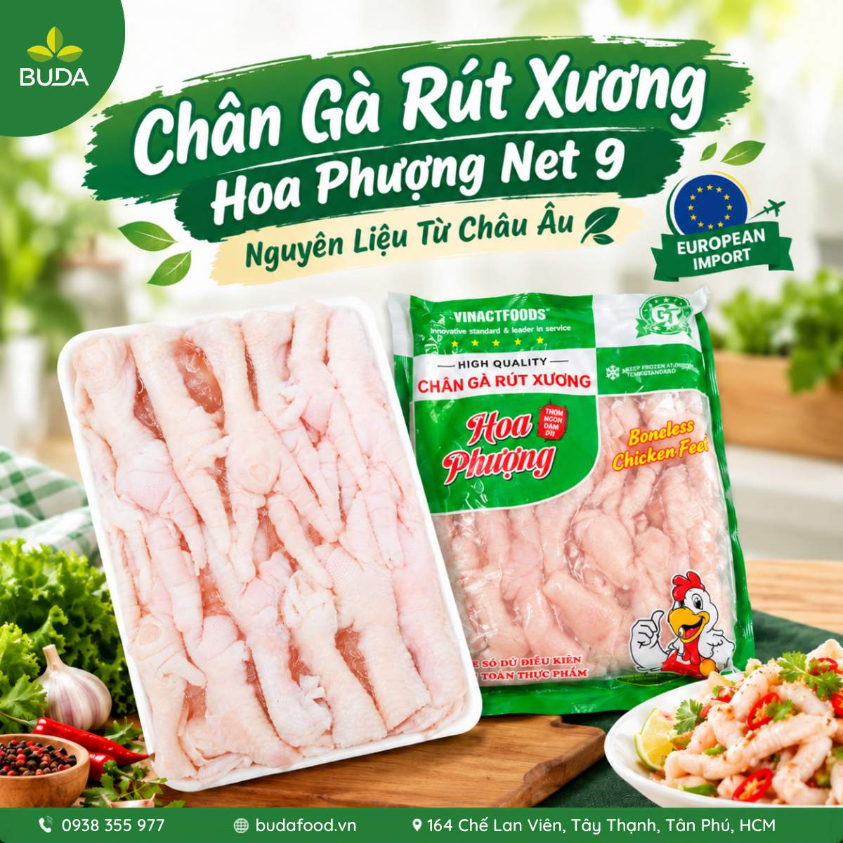 Chân gà rút xương Hoa Phượng hiệu Vinactfoods 1kg/gói Net 9, gói xanh – Nguyên Liệu từ Châu Âu