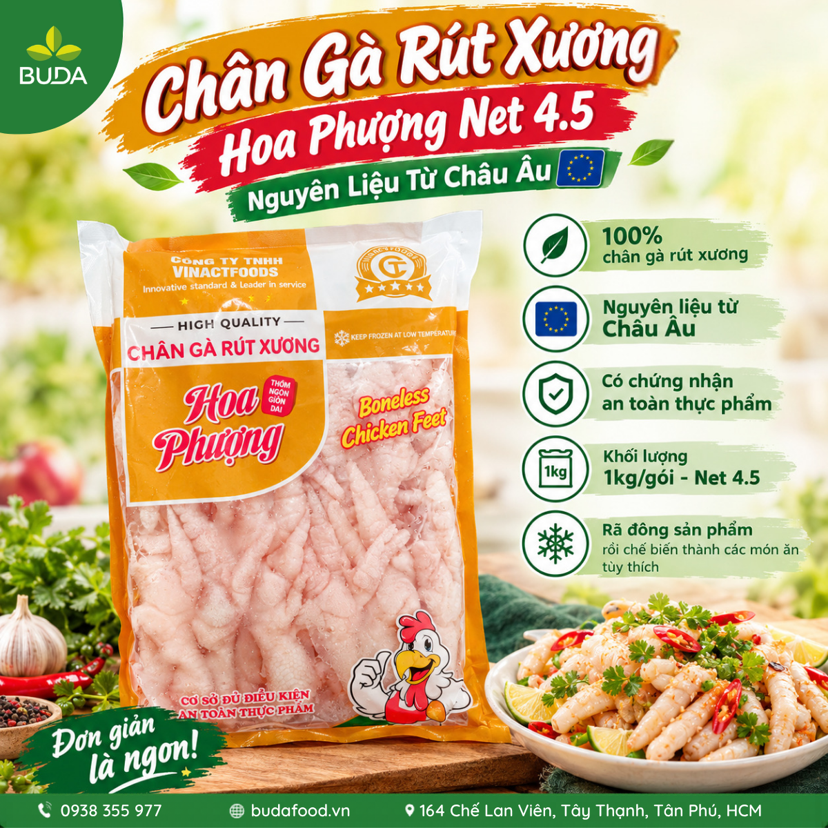 Chân gà rút xương Hoa Phượng hiệu Vinactfoods 1kg/gói Net 4.5, gói cam – Nguyên Liệu từ Châu Âu