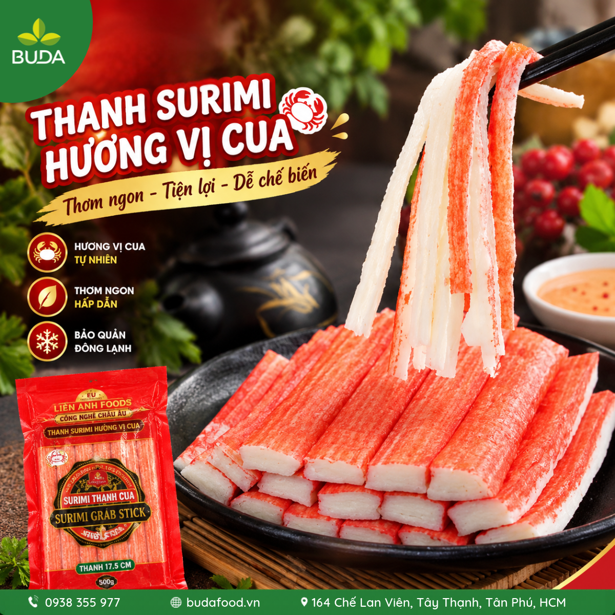 Thanh Surimi Hương Vị Cua 1Kg (2 gói) Liên Anh Foods - 17,5cm, 14 thanh surimi cua