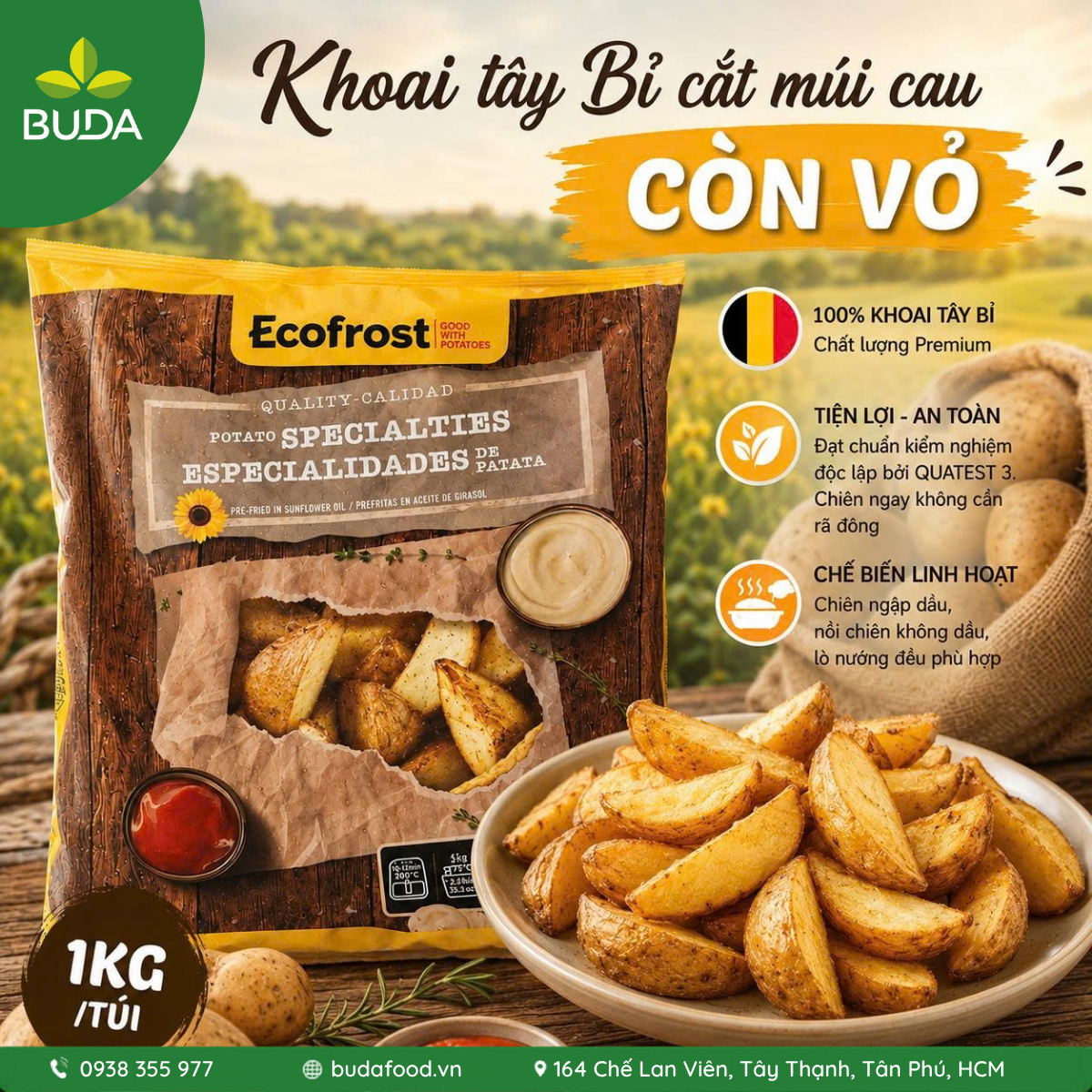 Khoai tây Bỉ hiệu ECOFROST loại cắt múi cau, còn vỏ - 1kg/túi [Thực phẩm BUDA]