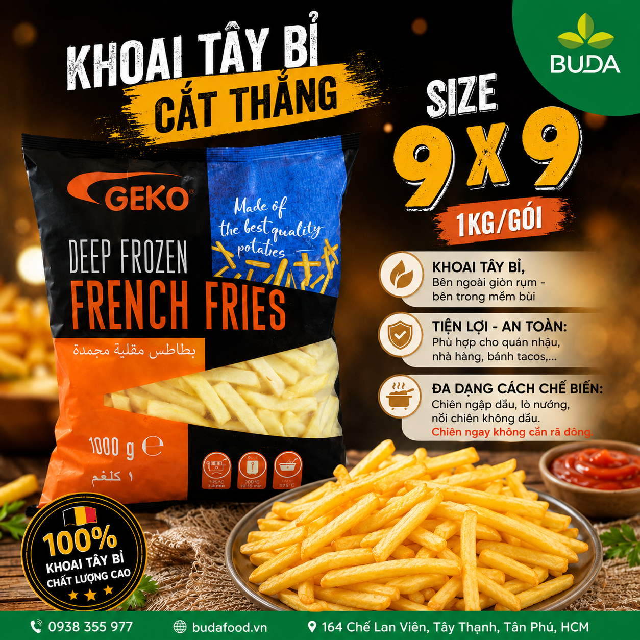 Khoai tây Bỉ hiệu Geko size 9x9mm - 1kg/gói [Thực phẩm BUDA]