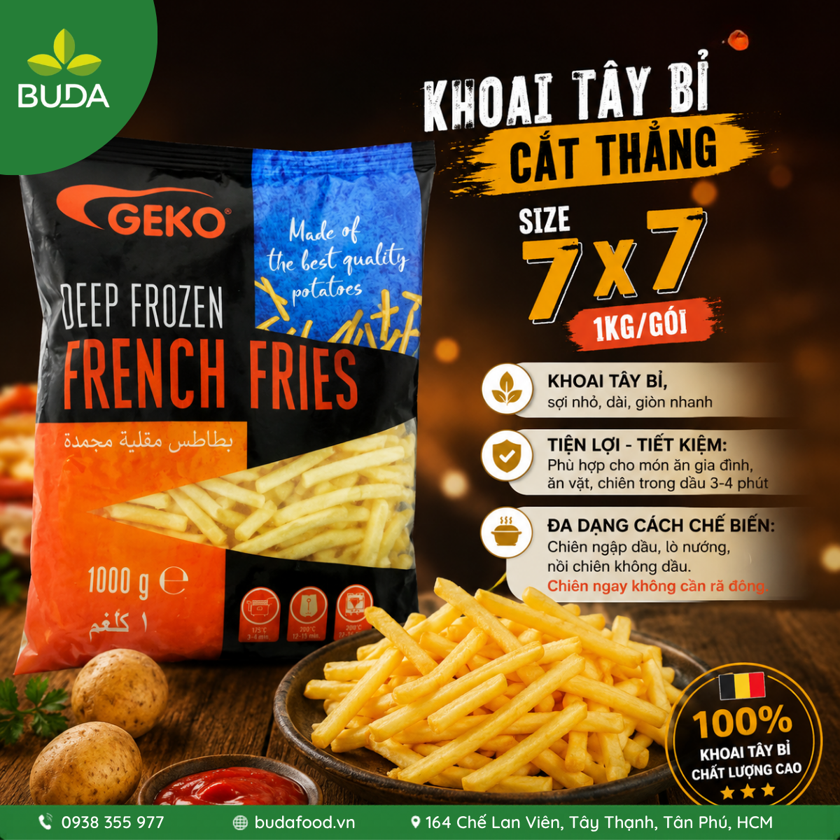 Khoai tây Bỉ hiệu Geko size 7x7mm - 1kg/gói [Thực phẩm BUDA]