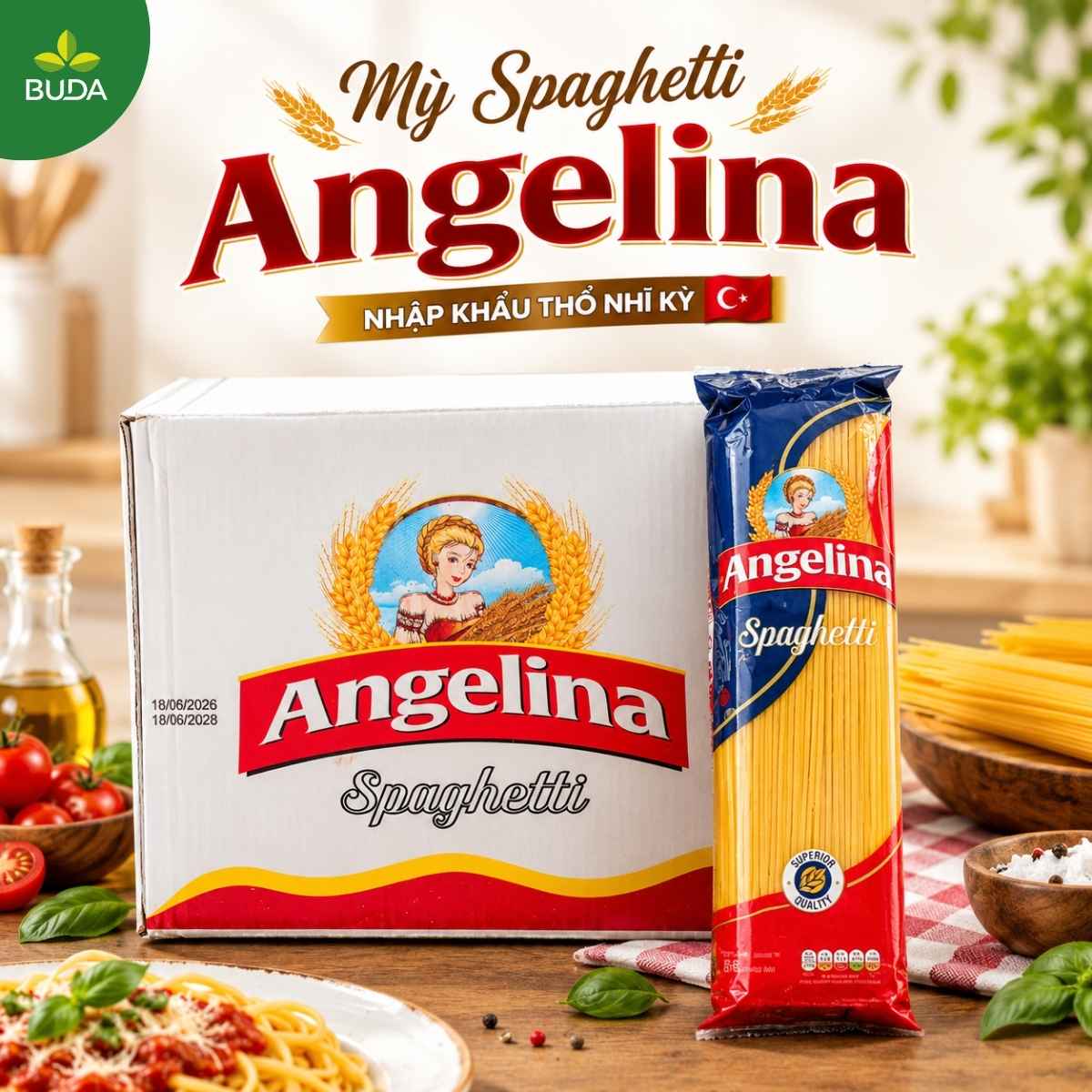 MÌ Ý SPAGHETTI ANGELINA 500gr/gói, 20 gói/thùng, xuất xứ THỔ NHĨ KỲ - THỰC PHẨM BUDA
